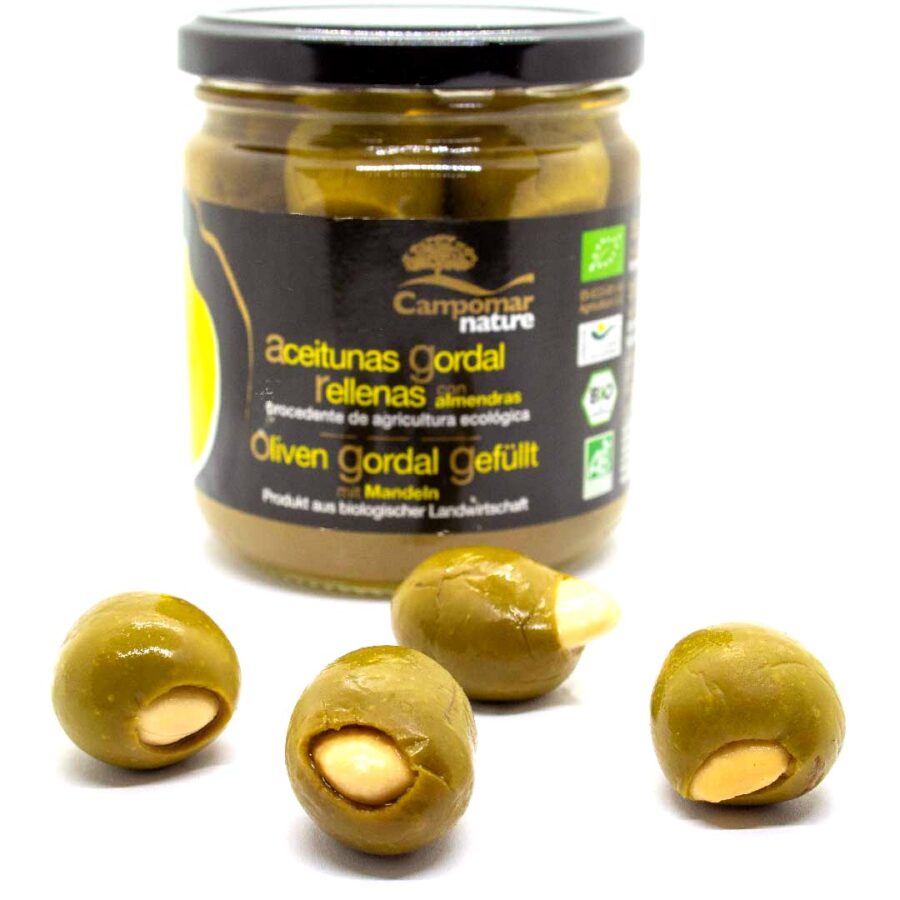 Bio-Oliven-Gordal,-groß-+-saftig,-gefüllt-mit-Mandeln